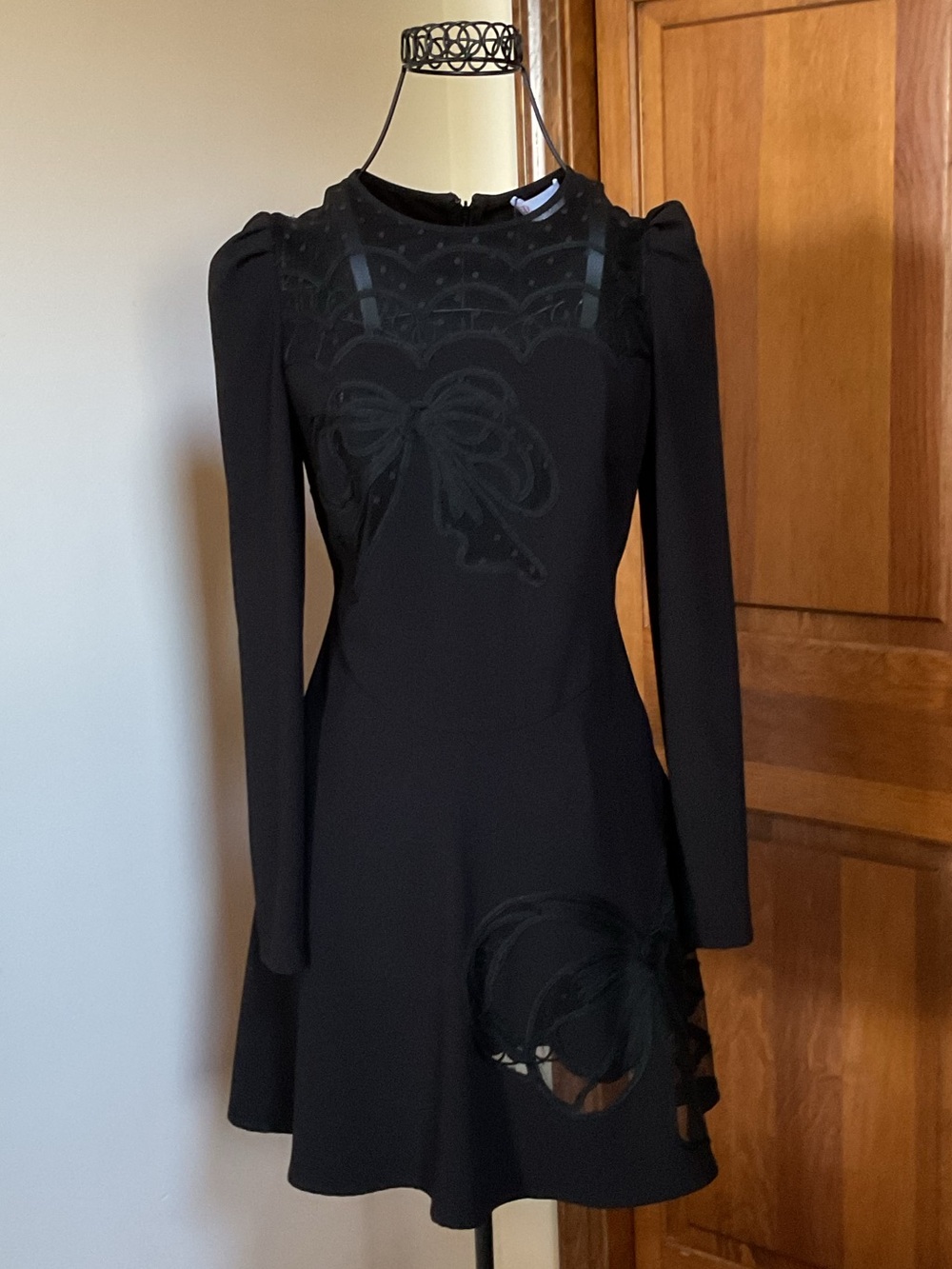 RED Valentino Black Long-Sleeve Fit-and-Flare Dress